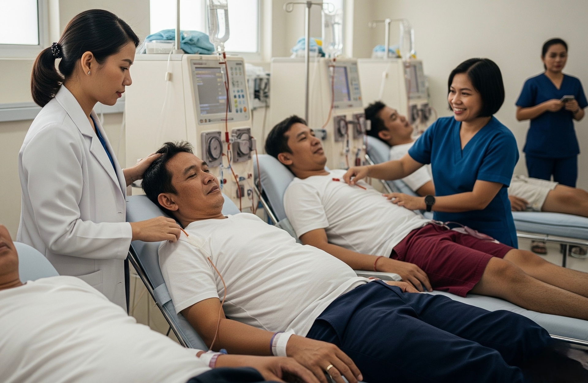 Dialysis patients lying in bed attended to by nephrologist