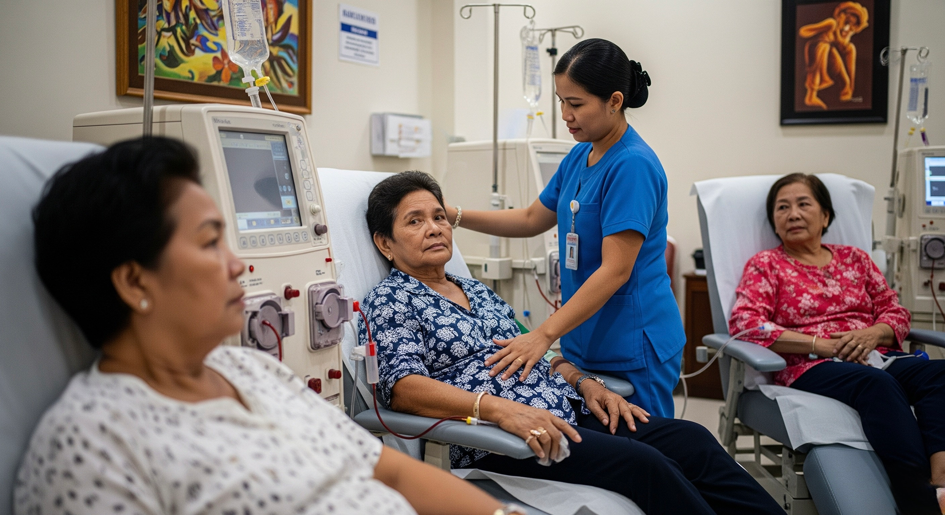 woman seated with other dialysis patient while being attended to by medical staff